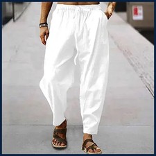 New Men Cotton Linen Pants Summer and Autumn Solid High Waist Wide-Leg Trousers