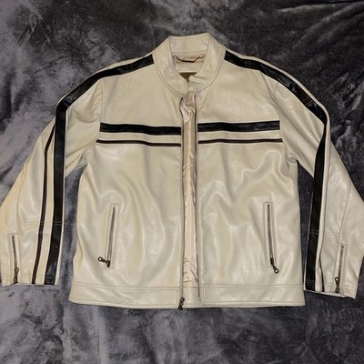 Vintage Point Zero Mens M Y2K Faux Leather Moto Racer Jacket Cream Off-White