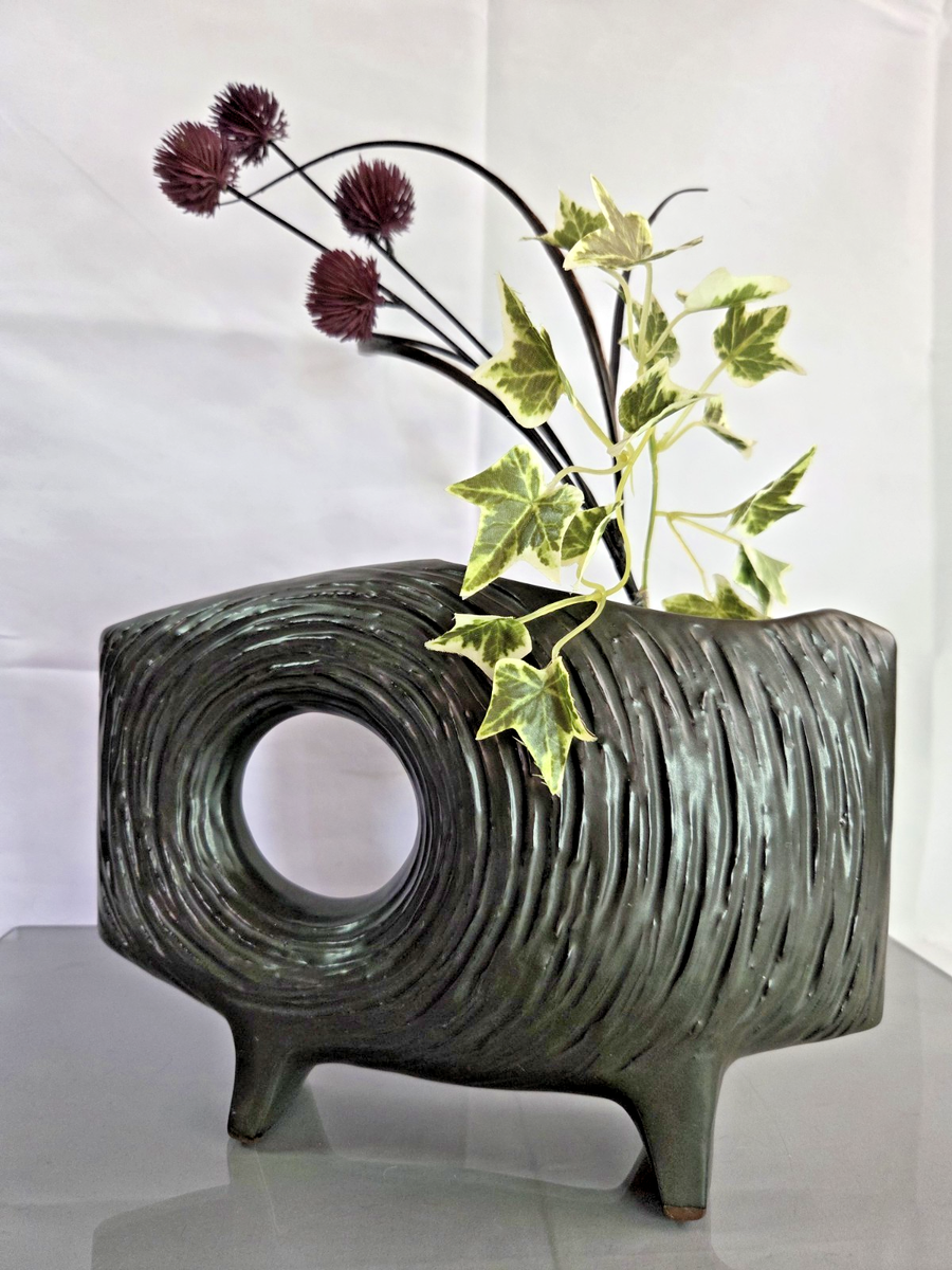 Japanese Ikebana Vase TOYO Mid Century Sculptural Ceramic Hole