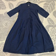 Hannoh Wessel Dress 38 Navy 100% Cotton Made in Italy Drawstring Midi Pockets