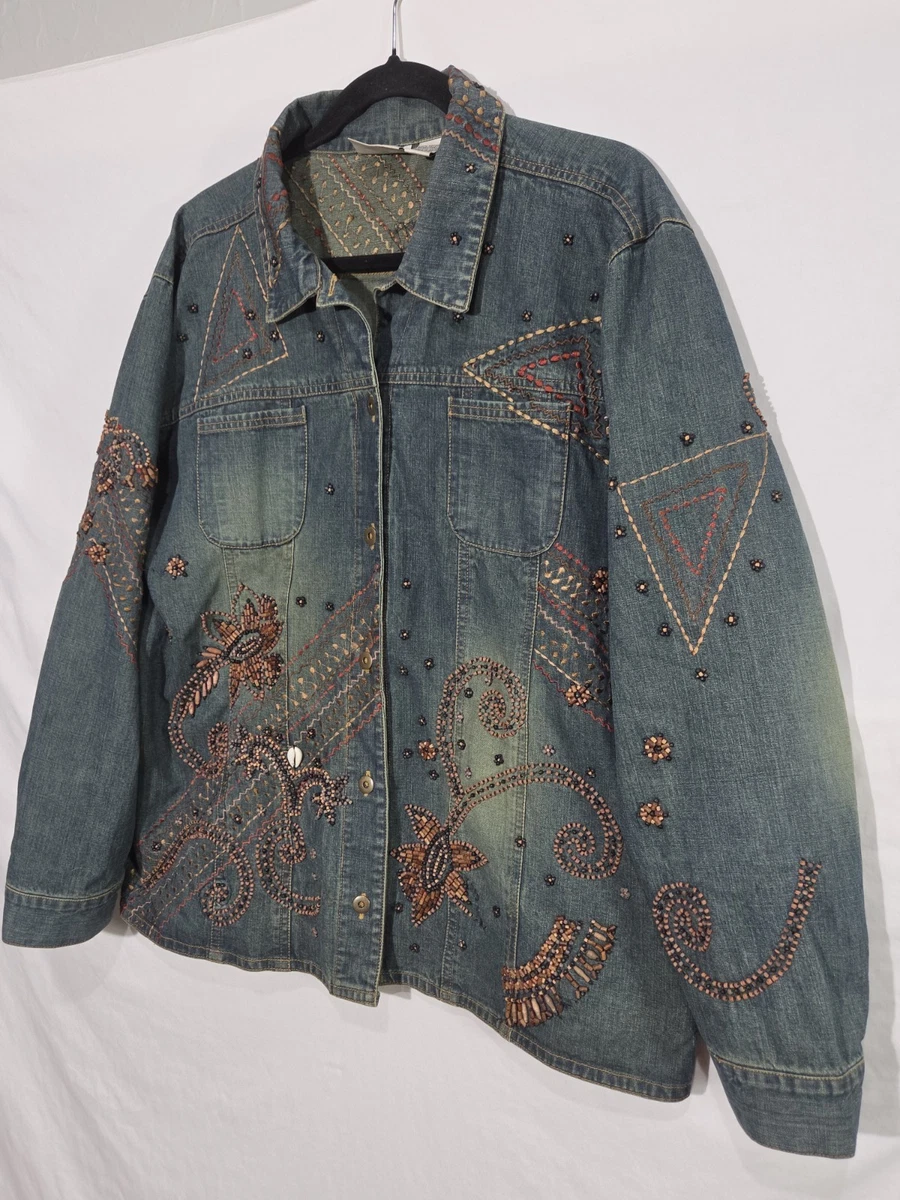 90s CHICO’S 刺繍 パッチワーク デザイン デニムトラッカージャケット 25+ Chico's Floral Denim Coats, Jackets & Vests for Women for sale