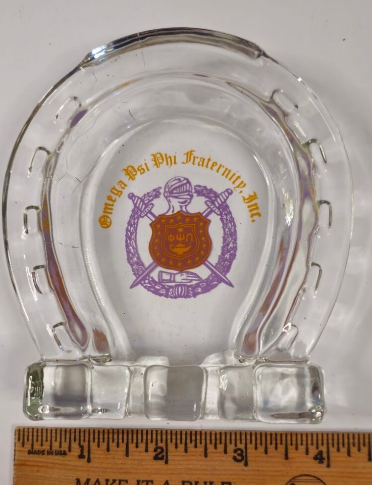 Vintage Omega Psi Phi Fraternity Glass Lucky Horseshoe Ashtray