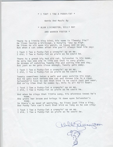 WARNER BROTHER LYRICS CARTOON TWEETY LIVINGSTON SIGNED SKETCH TAUT SAW PUDDY-TAT
