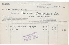 1916 Invoice, Brewster Crittenden & Co, Wholesale Grocers, Rochester, New York