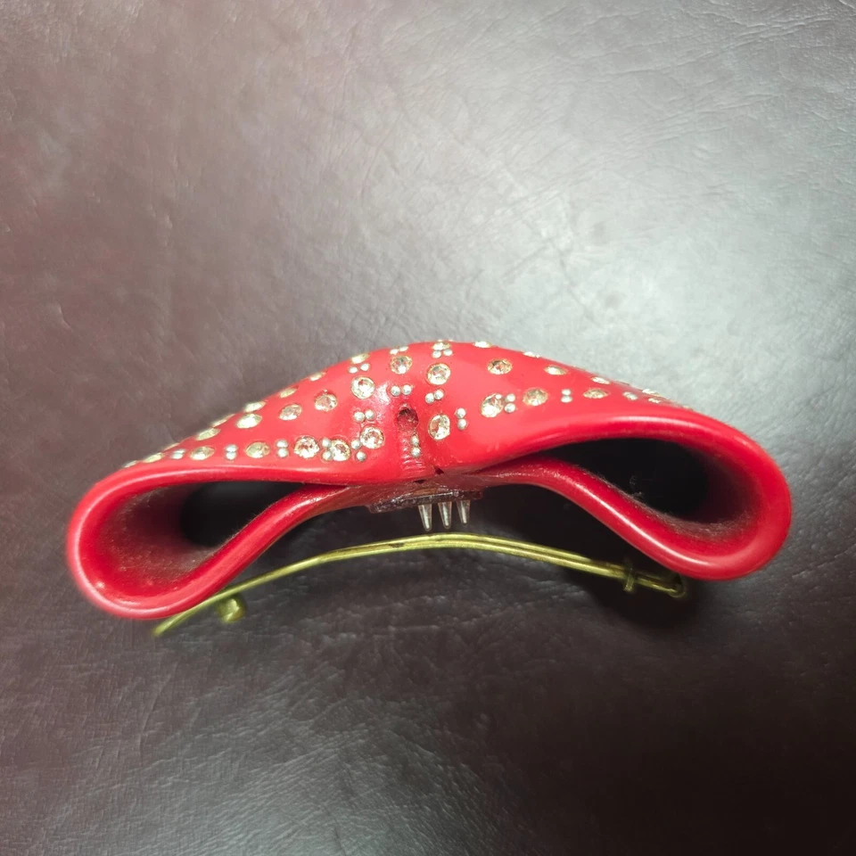 头发红色蝴蝶结发夹玻璃石金色夹子塑料红色蝴蝶结发针2.5英寸 — 第 2/4 张图片