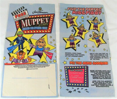 2 NOS 1998 Blockbuster Muppet Stars Popcorn Paper Bag Dressed For Opening Night
