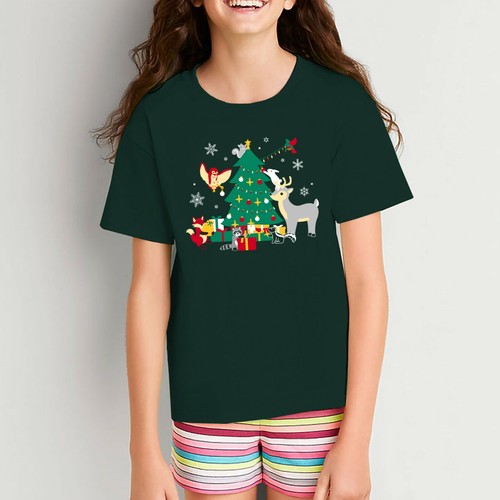 Woodland Winter Christmas - Cute Animals Cartoon Holiday Youth T Shirt - Picture 22 of 24