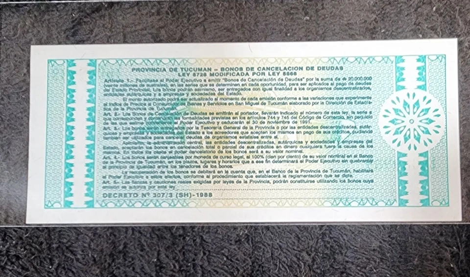 1991 Argentina Tucuman Province One 1 Austral Debt Cancellation Bond W769 - Image 2 of 4