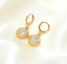 18K Yellow Gold Filled Clear Round CZ Basket Framed Mini Hoop Dangle Earrings
