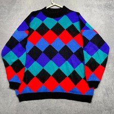 Vintage Adele Sweater Women's L Multicolor Diamond Pattern 100 Acrylic Pullover