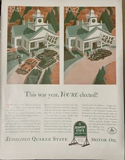 Quaker State Motor Oil Print Ad 1942 WWII era Vintage Automobiles Vote Election