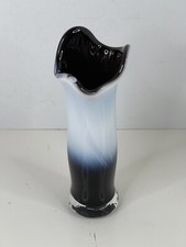 Vintage Hand Blown Glass vase Artisan signed 7  White Black Blue
