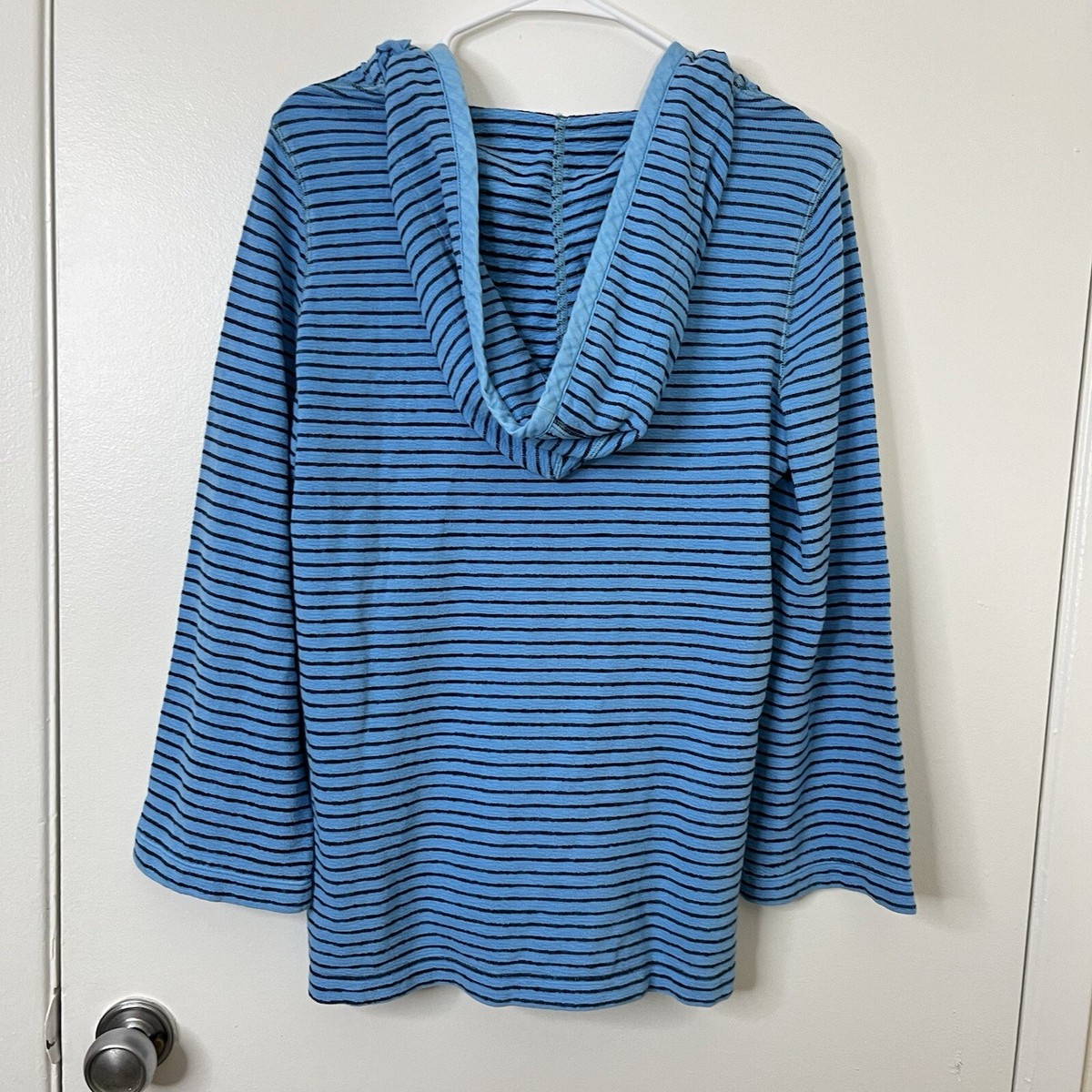 Tommy Bahama Lightweight Hoodie Womens S Blue Striped Jersey Coastal Beachy View 2