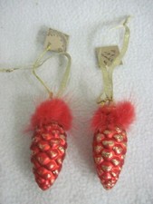 NEW SET OF 2 PINECONE CHRISTMAS TREE ORNAMENTS GLITTERED UNBREAKABLE RED 2.5"