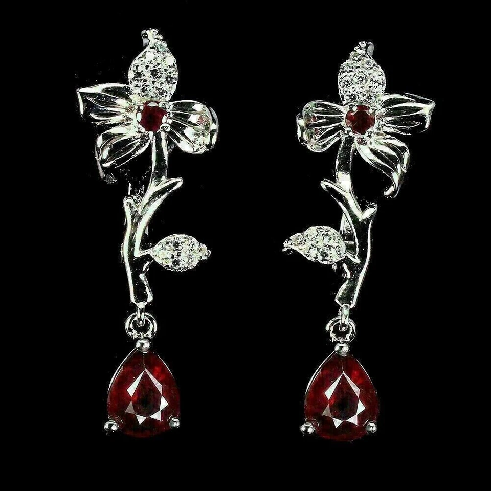 Silver Ruby Earrings Pendant Genuine Natural Gems Solid Sterling With Chain - Image 2 of 4
