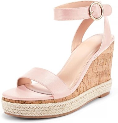Liyuandian Womens Espadrille Cork Platform Wedge Sandals Ankle Strap Pink  7.5