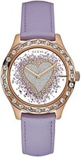 Guess Purple Leather strap Exhibition Heart Dial pink case Ladies Watch U0909L3