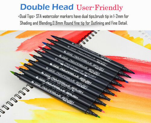 Fineliner Tip Set Drawing 12 Colors STA Dual Brush Water Based Art Marker Pens - Picture 4 of 5