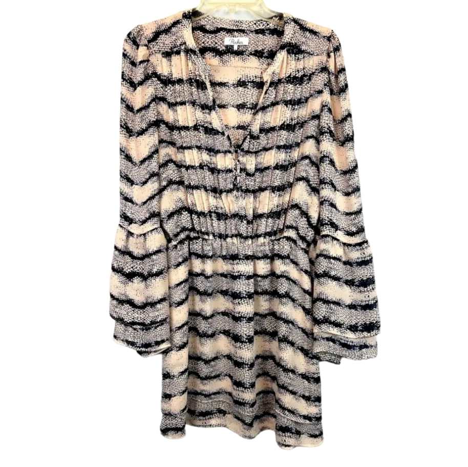 parker double flared sleeve dress Parker Pale Pink & Navy Print Flare Sleeve Layered Skirt Mini Dress Size S