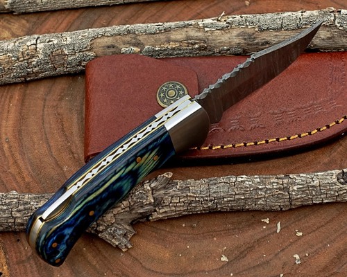 Damascus handmade back lock Folding pocket knife camping Hunting Knife Pouch - Picture 5 of 9