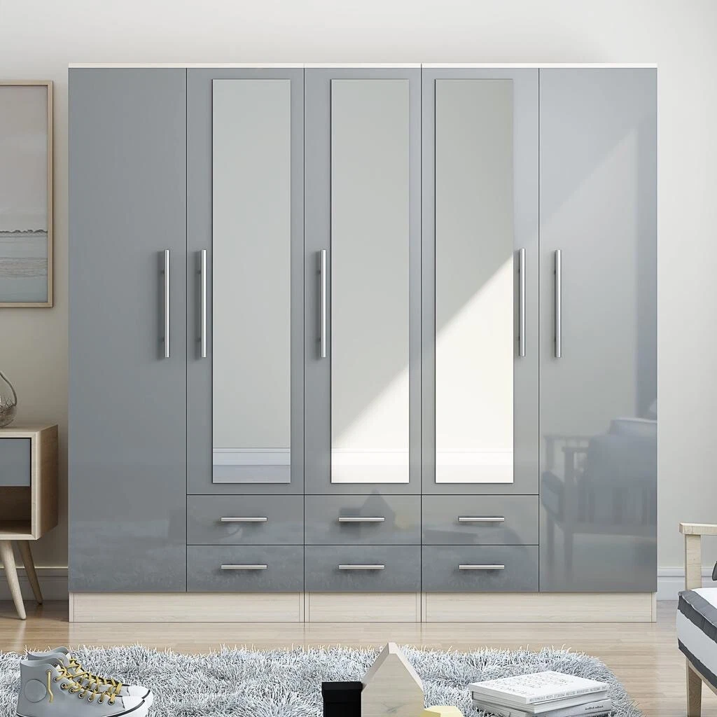 5 Door Mirrored Wardrobe High Gloss LIGHT GREY 6 Drawers Modern