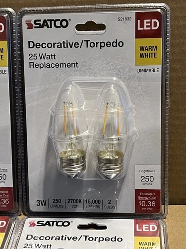 Satco S21832 LED Torpedo Led Light Bulb 3W=25W B11  E26 Clear ( 2-4 Packs ) New - Picture 3 of 4