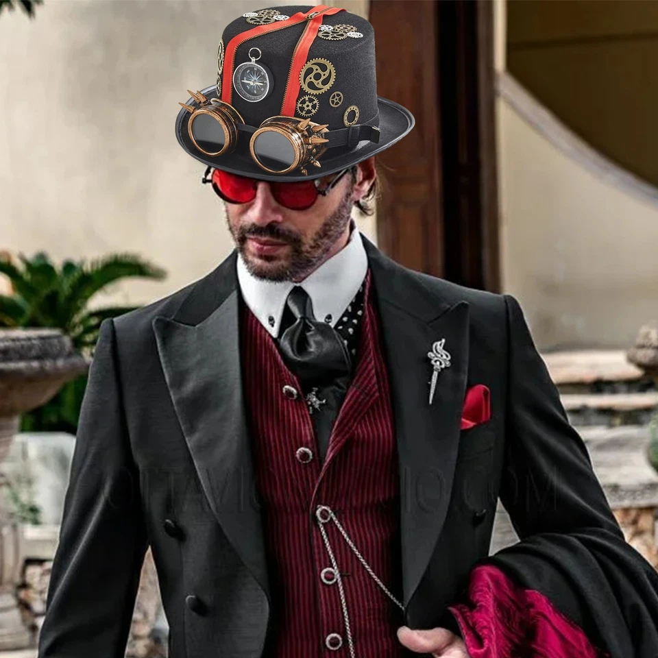 Steampunk Hat with Goggles Vintage Gothic Cosplay Top Hat Halloween Fancy Dress - Image 4 of 4