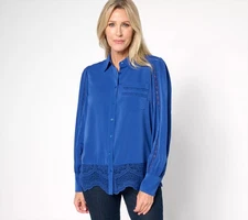 BEAUTIFUL by Lawrence Zarian Blouson Sleeve Shirt with Lace Detail Royal Blue M