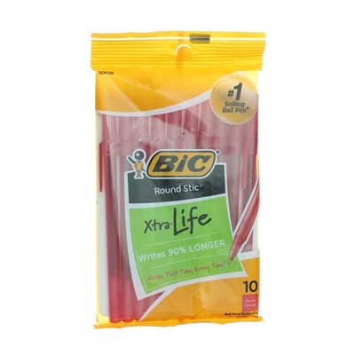 BiC Round Stic Xtra Life Ball Pen, Medium, Red 90609, 10 Ct