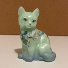 Fenton Art Glass Sea Mist Sitting Cat Iridescent, 3.5"  Purple Flowers signed