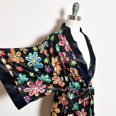 VTG Satin Boudoir Psychedelic Floral Kimono Robe Black Neon Multicolor Sz S