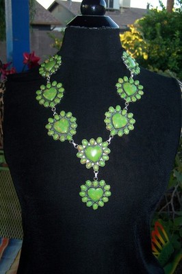 Southwestern German Silver Lime Mojave Turquoise Lariat Cluster Heart Necklace
