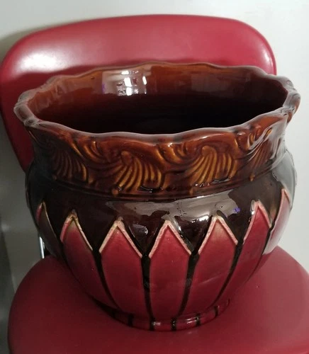 Large Vintage Antique Weller Majolica Jardiniere Red, Brwn Picket Fence Pattern