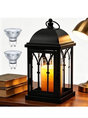 Lomolfie Candle Warmer Lamp Real Flame Effect Candle Black Outdoor Lantern NIB