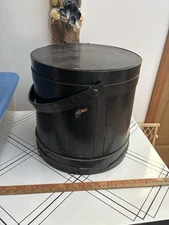 Large Vintage Primitive Firkin Bucket & Lid 14” Black Paint