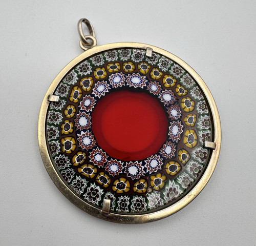 Vintage 800 Silver Millefiori Murano Glass Multicolor Round Pendant