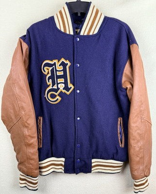 Heart Clothing Premium Mens L Leather Sleeve Varsity Bomber Jacket Blue/Brown