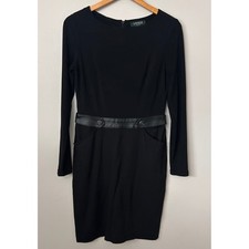 Lauren Ralph Lauren Dress Black Womens 6 Sheath Faux Leather Trim Workwear Chic
