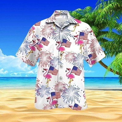 Flamingo 4th Of July Hawaiian Button Down Hawaiian Shirt Unisex Adult S-5XL
