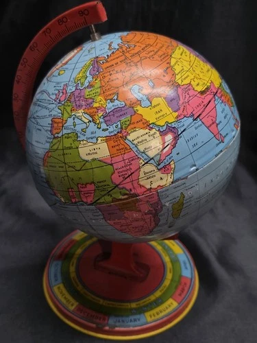 1950's J Chein & Co Tin 7 1/2 Inch World Globe Made in NJ USA Vintage Toy