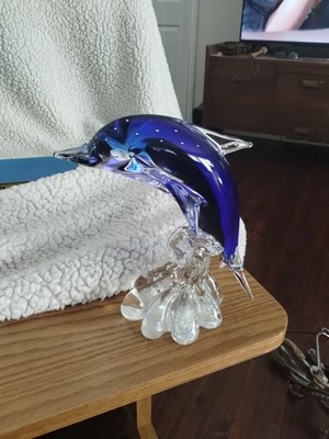 Vintage Blue Dolphin Riding Wave Hand Blown Glass Figurine Art Sculpture 7  Tall
