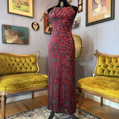 Vintage 90s/Y2K Betsey Johnson Blood Red Gothic Scroll Crushed Velvet Maxi  Dress | eBay