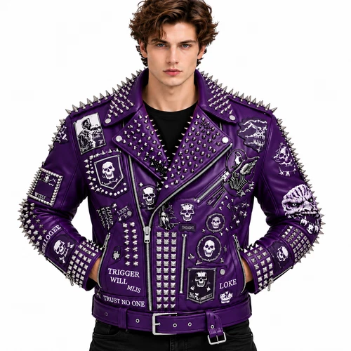 Men’s Purple Leather Biker Jacket Gothic Skull Punk Rock Studded Motorcycle Coat - product listing photo
