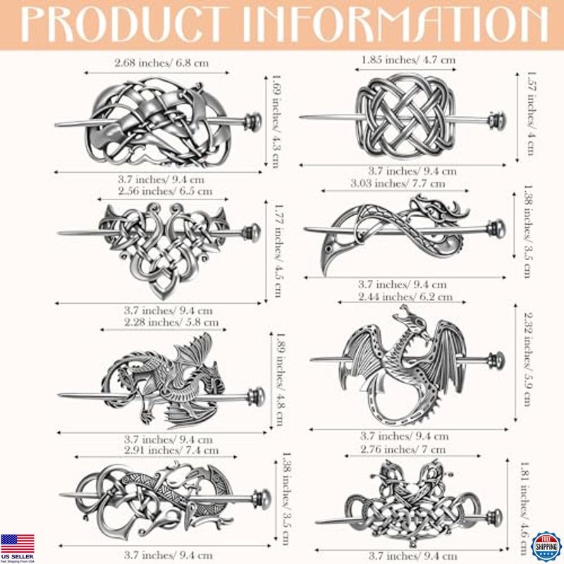 Syhood Vintage 8-Piece Viking Celtic Hair Clip Set - Silver Hair Sticks & Pins