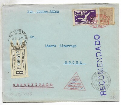URUGUAY 1st Flight Montevideo - Rocha Registered Cover 1926 VF