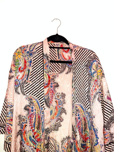 Vintage Silky Kimono Dressing Gown Pink Black Stripe Paisley M L Pattern Print - Picture 6 of 11
