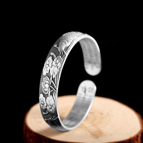 I03 Buddhist Bangle Lotusteich Two Fishes Herz Sutra Fine Silver Ebay