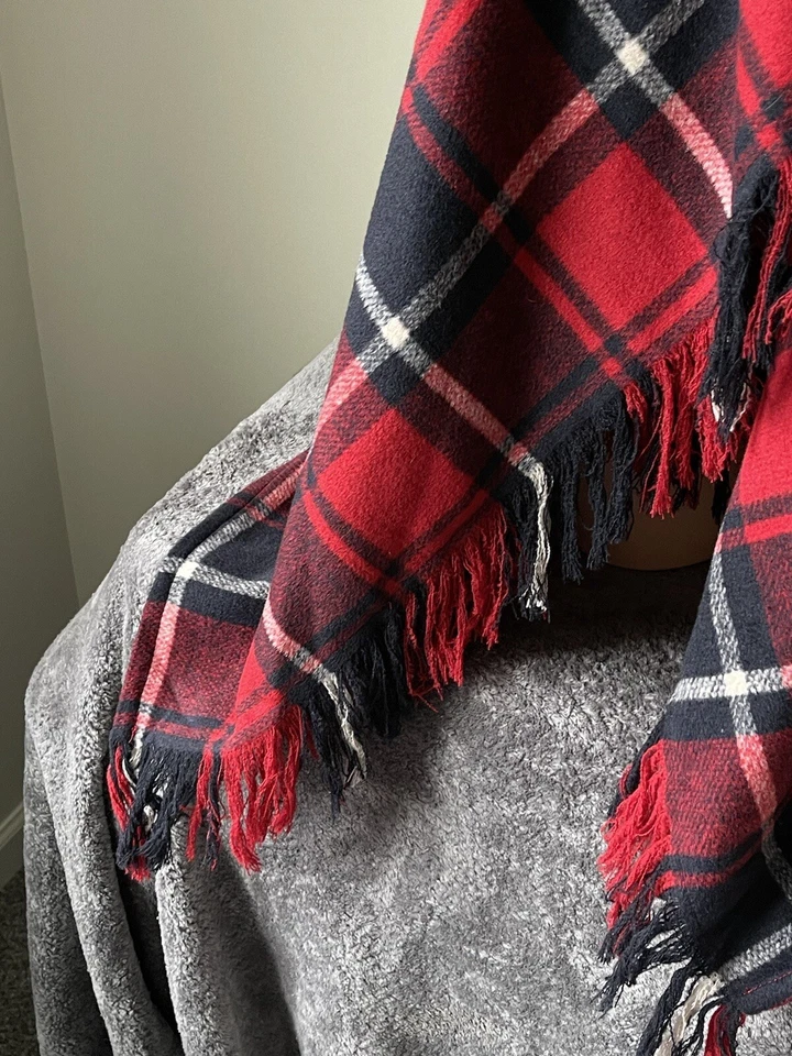 Женский жилет пончо в клетку с капюшоном Tartan Check Plaid Wrap Duster M красный темно-синий - Изображение 4 из 4