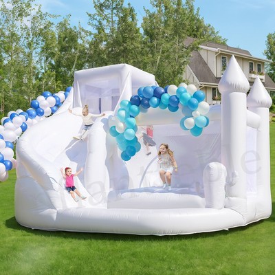 16FT White Bounce House Inflatable Jump Castle Bouncer with Long Slide &Ball Pit