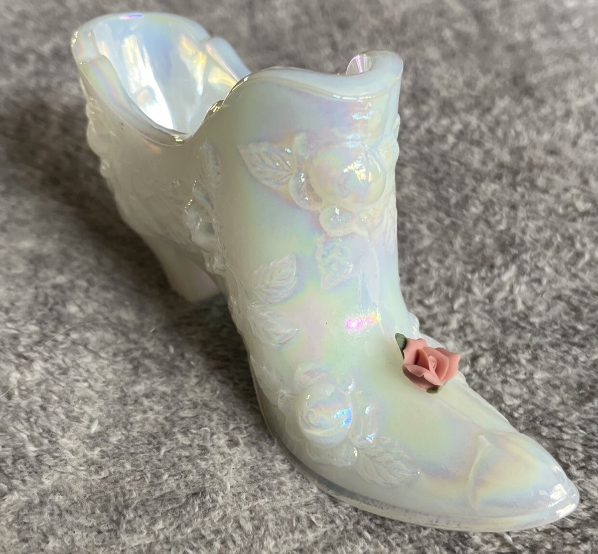 Vintage White Iridescent Fenton Floral Shoe With Pink Rose,USED